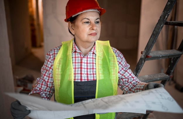 Foto gratuita vista frontal de la trabajadora de la construcción con plano