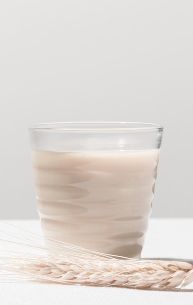 Vista frontal del vaso de leche con trigo