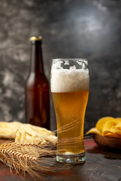 Vista frontal del vaso de oso con botella de cips y queso sobre vino ligero, bebida alcohólica, color de aperitivo