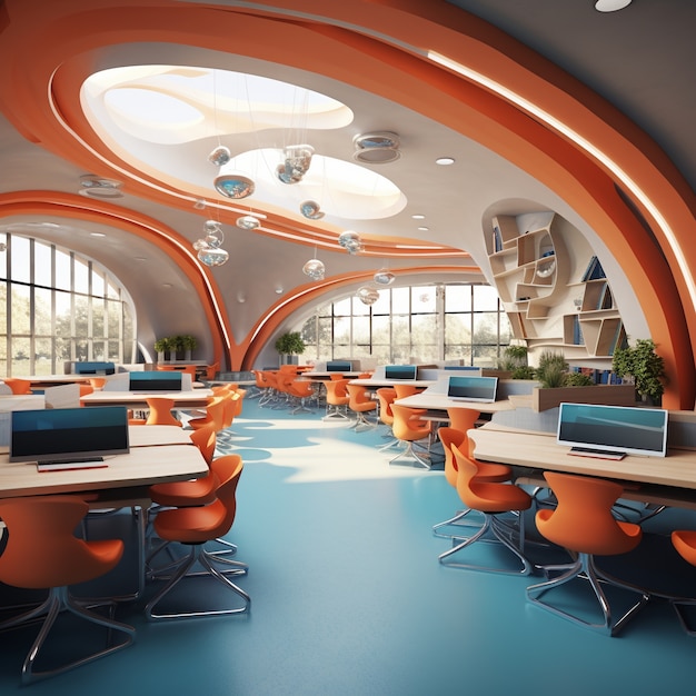 Vista futurista del aula escolar con arquitectura de última generación.