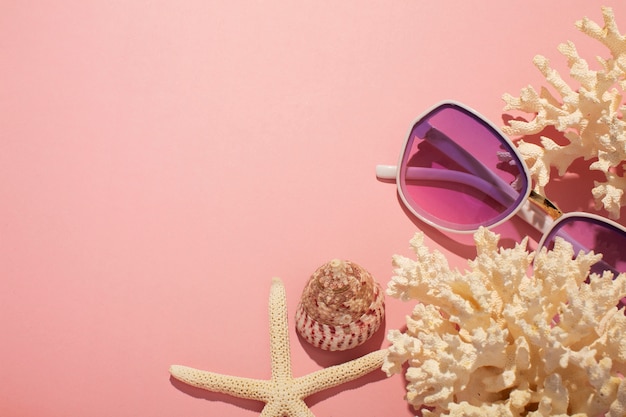 Vista de gafas de sol de verano con coral.