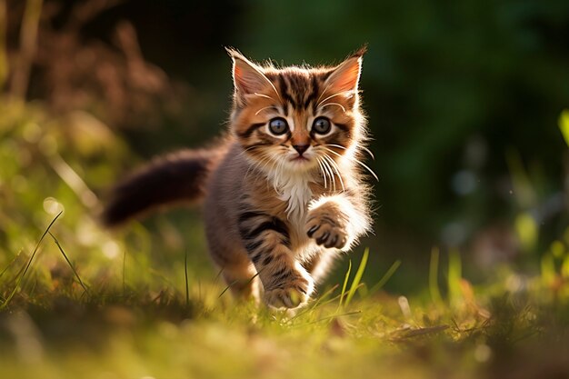 Vista de un gatito adorable corriendo al aire libre