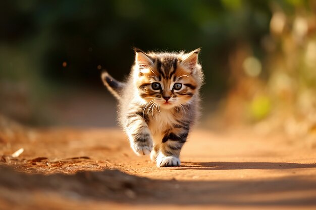 Vista de un gatito adorable corriendo al aire libre