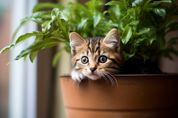 Vista de un gatito adorable con una planta pop