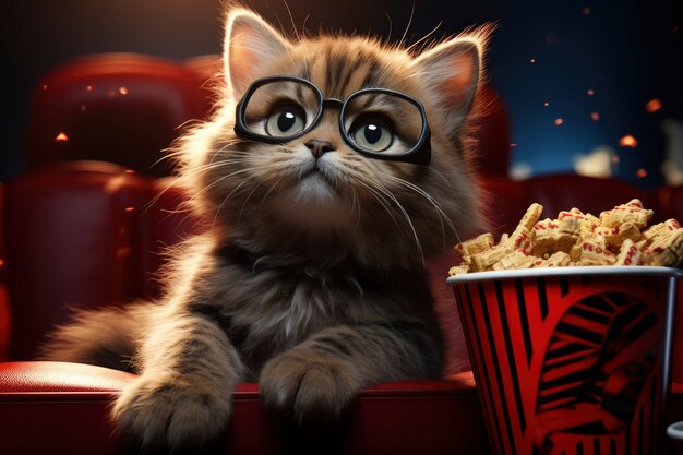 Vista de un gato en 3D en el cine viendo una película