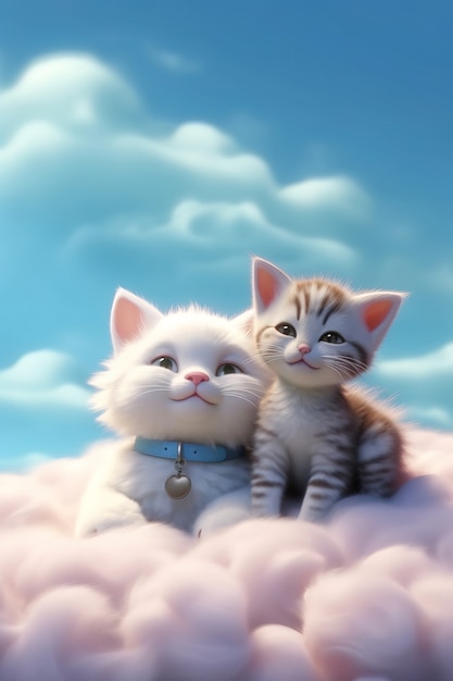 Foto gratuita vista de un gato adorable en 3d con nubes esponjosas