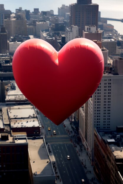 Vista de un globo de corazón rojo flotando sobre la ciudad