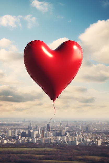 Vista de un globo de corazón rojo flotando sobre la ciudad