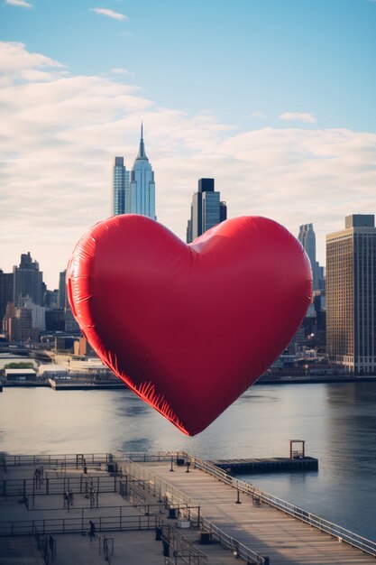 Vista de un globo de corazón rojo flotando sobre la ciudad