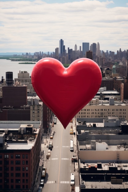 Vista de un globo de corazón rojo flotando sobre la ciudad