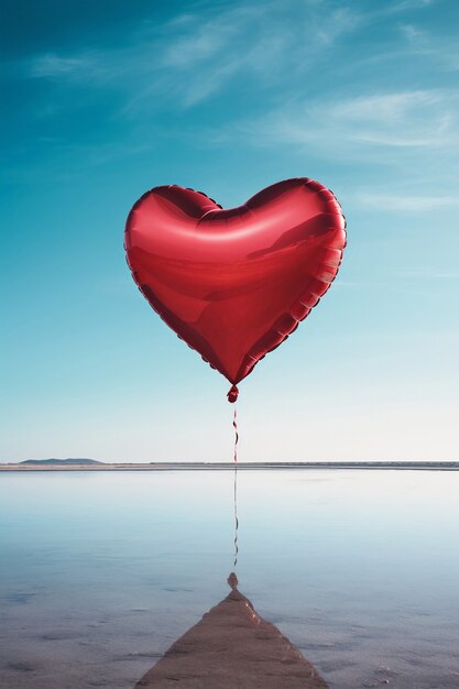 Vista del globo de corazón rojo flotando sobre el lago