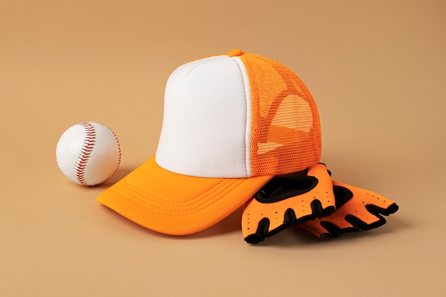 Vista de gorra de camionero con pelotas de béisbol