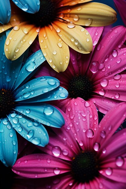 Vista de gotas de agua sobre pétalos de flores