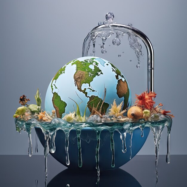 Vista de grifo de fantasía con agua corriente y paisaje surrealista para la concienciación del Día Mundial del Agua