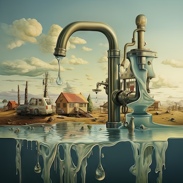 Vista de grifo de fantasía con agua corriente y paisaje surrealista para la concienciación del Día Mundial del Agua