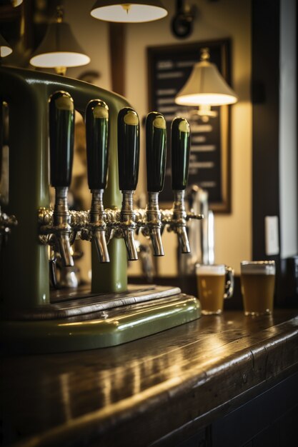 Vista de grifos de cerveza en una cervecería