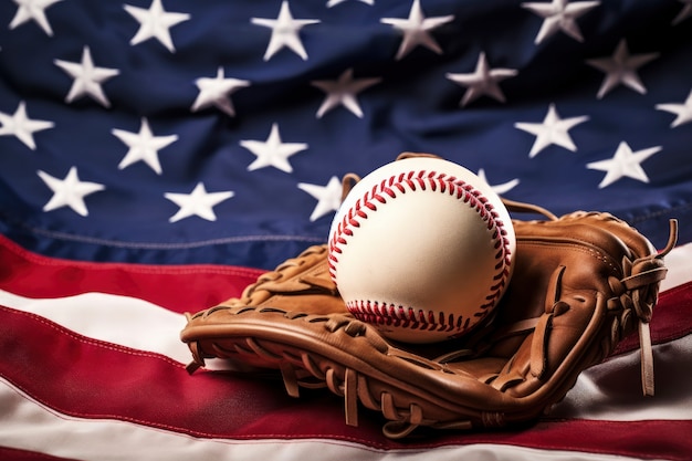 Vista del guante de béisbol y la pelota con la bandera estadounidense