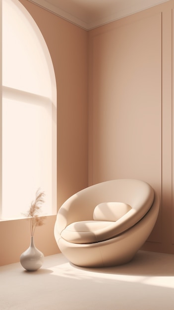 Vista de una habitación con muebles en una paleta monocromática beige