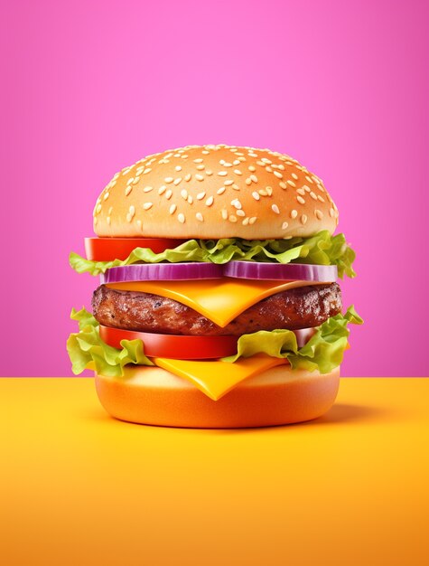 Vista de una hamburguesa de aspecto delicioso en 3D