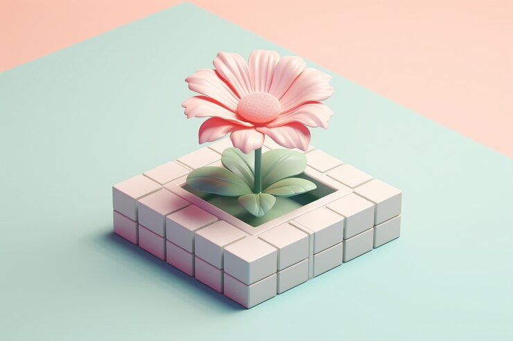 Vista de una hermosa flor 3d en una cama cuadrada elevada