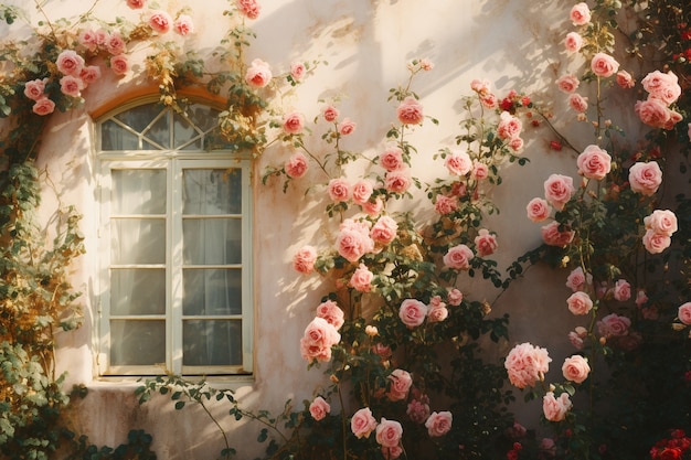 Vista de hermosas rosas florecientes que crecen en la pared del edificio