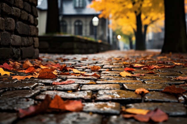 Vista de hojas secas de otoño caídas en el pavimento de la calle