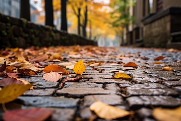 Vista de hojas secas de otoño caídas en el pavimento de la calle