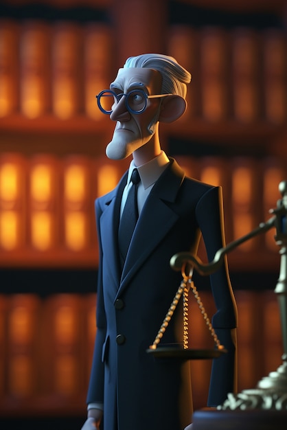 Vista del hombre 3D que trabaja en el campo de la justicia y la ley