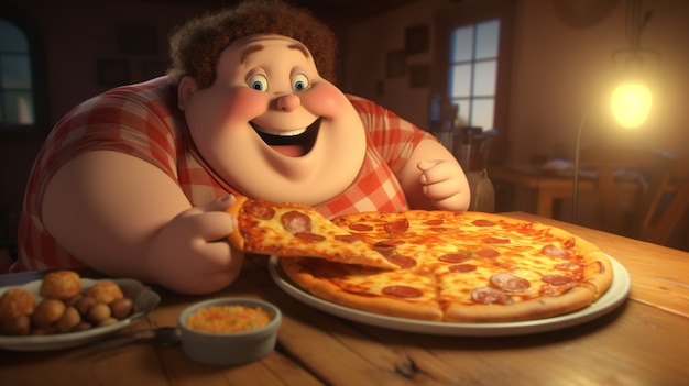 Foto gratuita vista del hombre de dibujos animados con una deliciosa pizza en 3d