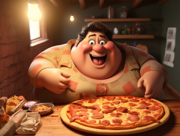 Vista del hombre de dibujos animados con una deliciosa pizza en 3D