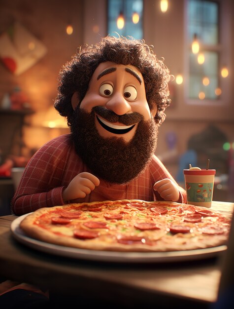 Vista del hombre de dibujos animados disfrutando de una deliciosa pizza en 3D