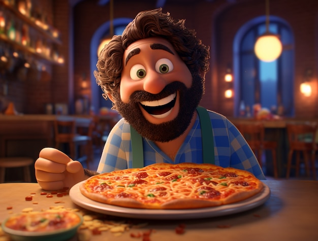 Vista del hombre de dibujos animados disfrutando de una deliciosa pizza en 3D