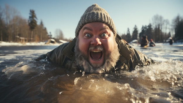 Foto gratuita vista del hombre gracioso en el agua fría