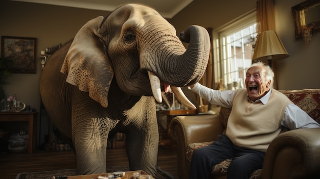 Foto gratuita vista de un hombre mayor gracioso con un elefante en la casa