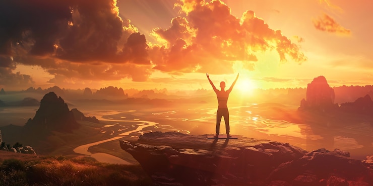 Foto gratuito vista del hombre practicando mindfulness y yoga en un entorno de fantasía