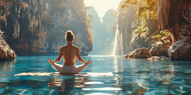 Vista del hombre practicando mindfulness y yoga en un entorno de fantasía