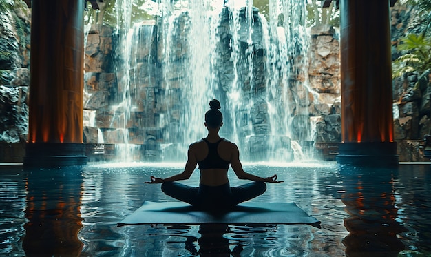 Vista del hombre practicando mindfulness y yoga en un entorno de fantasía