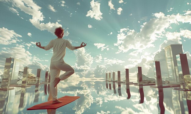 Vista del hombre practicando mindfulness y yoga en un entorno de fantasía