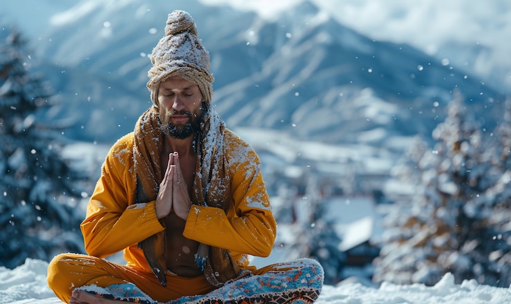 Foto gratuito vista del hombre practicando mindfulness y yoga en un entorno de fantasía