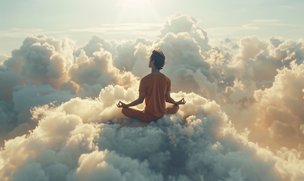 Vista del hombre practicando mindfulness y yoga en un entorno de fantasía