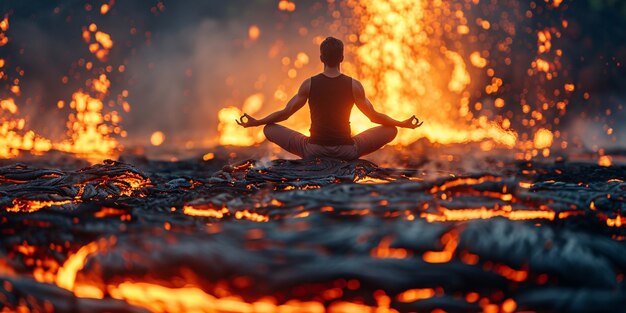 Vista del hombre practicando mindfulness y yoga en un entorno de fantasía