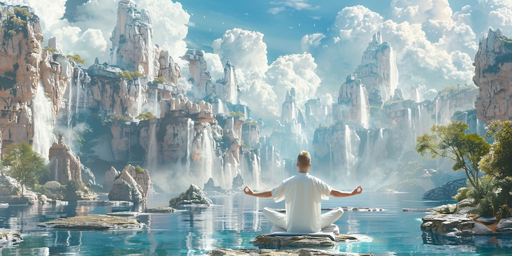 Foto gratuito vista del hombre practicando mindfulness y yoga en un entorno de fantasía