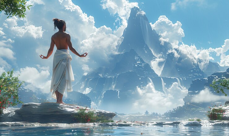 Foto gratuito vista del hombre practicando mindfulness y yoga en un entorno de fantasía