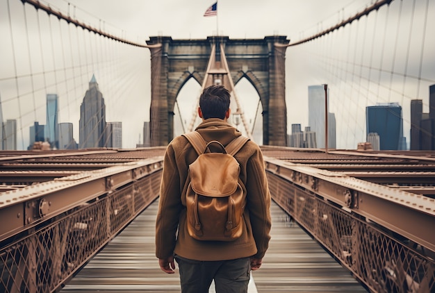 Foto gratuita vista de un hombre en el puente de brooklyn en la ciudad de nueva york