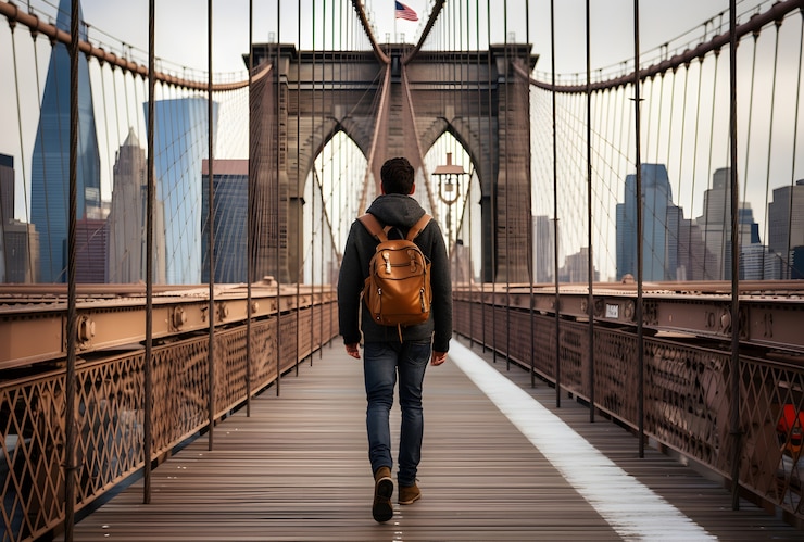 Foto gratuito vista de un hombre en el puente de brooklyn en la ciudad de nueva york