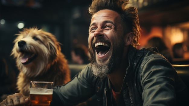 Vista de un hombre riendo en el bar con perro y cerveza