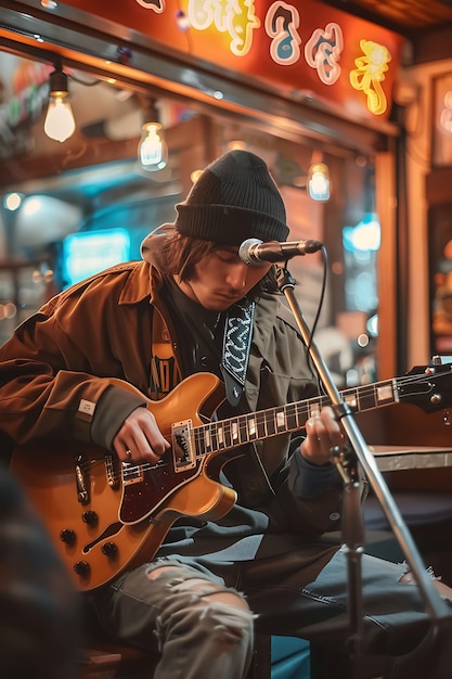 Vista de un hombre tocando un instrumento de guitarra eléctrica