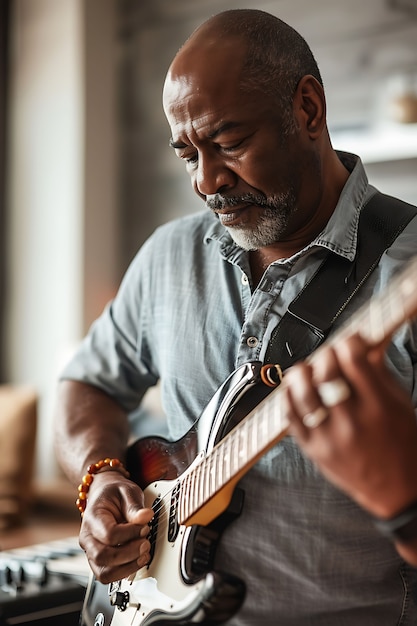 Foto gratuita vista de un hombre tocando un instrumento de guitarra eléctrica