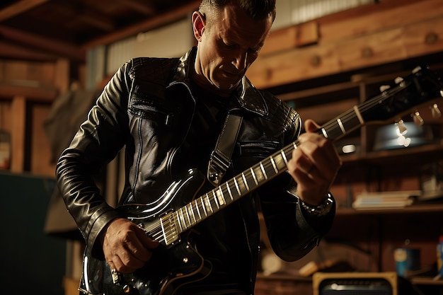 Vista de un hombre tocando un instrumento de guitarra eléctrica