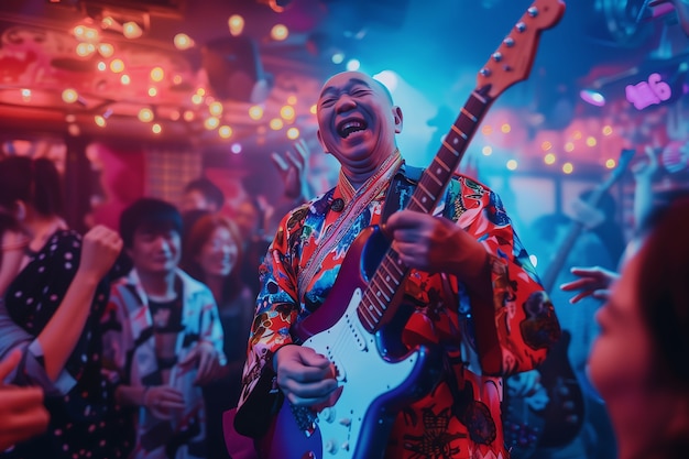 Foto gratuita vista de un hombre tocando un instrumento de guitarra eléctrica